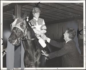 Owner-trainer Stan Wincek congratulates Debbie Sue MacFarlane