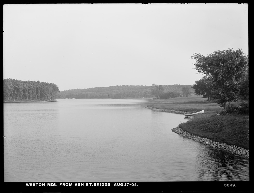 Weston Aqueduct, Weston Reservoir from Ash Street Bridge, Weston, Mass., Aug. 17, 1904