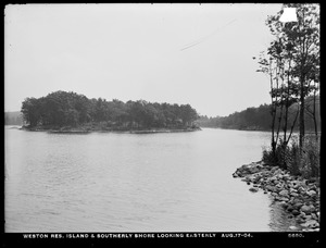 Weston Aqueduct, Weston Reservoir, island and southerly shore looking easterly, Weston, Mass., Aug. 17, 1904