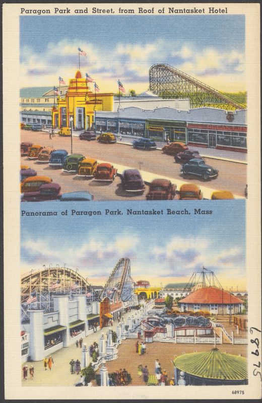 Paragon Park and street, from roof of Nantasket Hotel ; Panorama of Paragon Park, Nantasket Beach, Mass.