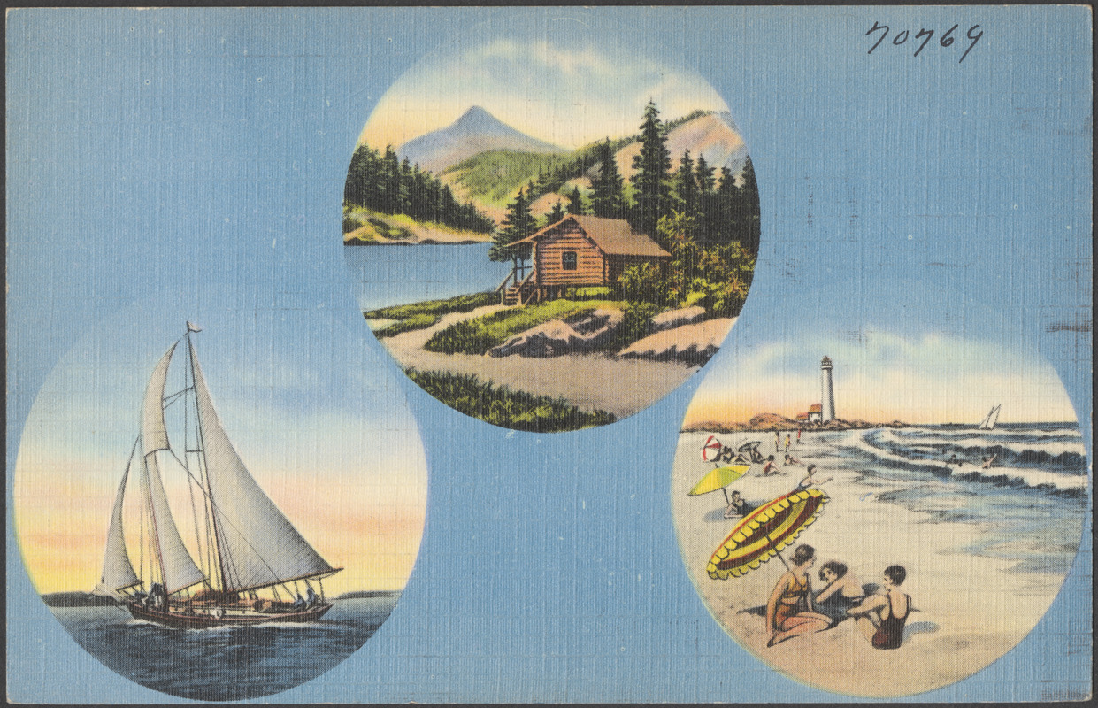 A cabin. A sailboat. A beach scene