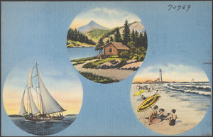 A cabin. A sailboat. A beach scene