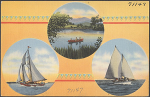 A boat out in the water. Two sailboats