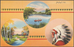 A boat out in the water. A tree-lined river. A Native American man wearing headdress in profile