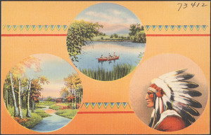 A boat out in the water. A tree-lined river. A Native American man wearing headdress in profile