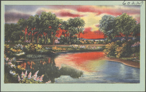 Flower-lined river, trees in background