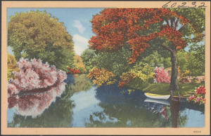 Tree-lined body of water, boat on the right