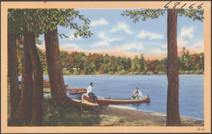 Two people in a canoe by a lake