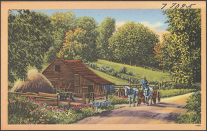 A horse-drawn cart next to a wooden structure