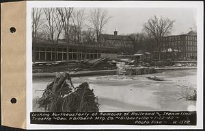 Looking northeasterly at remains of railroad and steam line trestle, George H. Gilbert Manufacturing Co., Gilbertville, Hardwick, Mass., Jan. 22, 1940