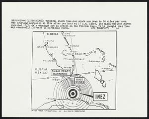 Miami: Tropical storm Inez, her winds now down to 60 miles per hour, was drifting northward at five miles per hour at 11 A.M. (EST), the Miami Weather Bureau reported 10/2. Gale warnings are in effect on the Florida Keys. It is thought that Inez may eventually increase to hurricane force.