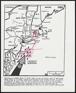 Donna Heads Up East Coast--Arrow indicates path of hurricane Donna today as it moves toward New England.Storm center,circled in arrow, is expected to pass over New York’s eastern Long Island in the Montauk area,about 100 miles east of the heavily-populated New York metropolitan sector.Emergency hurricane warnings extend as far northeastward as Eastport,Maine,underlined.