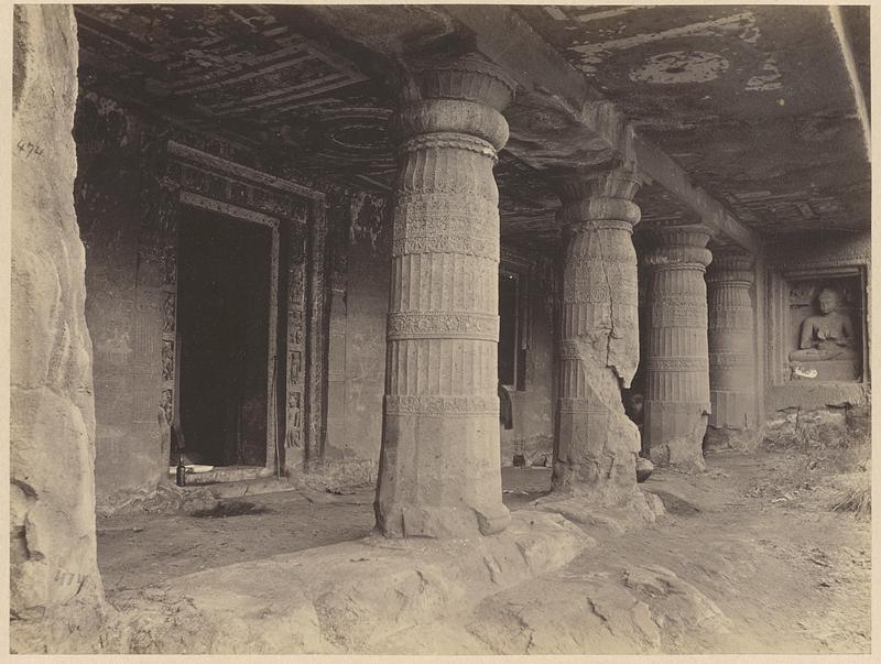 General view from the left of porch and entrance to Buddhist Vihara, Cave II, Ajanta