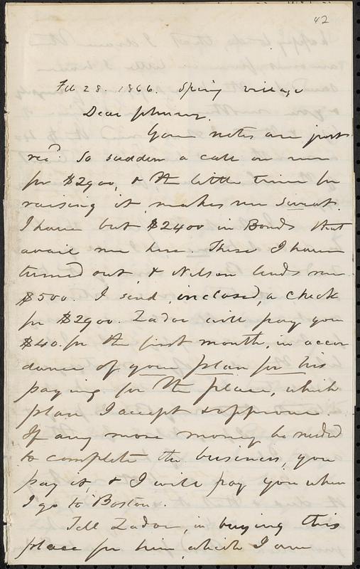 Letter from Zadoc Long to John D. Long, February 28, 1866