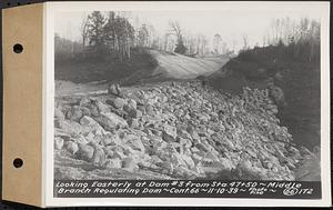 Contract No. 66, Regulating Dams, Middle Branch (New Salem), and East Branch of the Swift River, Hardwick and Petersham (formerly Dana), looking easterly at dam 3 from Sta. 47+50, middle branch regulating dam, Hardwick, Mass., Nov. 10, 1939