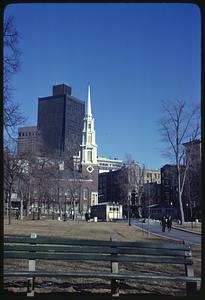 Boston Common, Park Street Church and Park Street station entrance in background