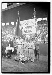 Joe Cronin in front of a sign "Cronin's Gang", Fenway Park