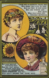 There was an aesthetic young maid who began like a lily to fade. She had pain in her head and she wished she was dead, wan features her trouble betrayed. But wise was the aesthetic maid and she her sound wisdom displayed. For she took Tarrant's Seltzer Aperient, and well and happy became that young maid.