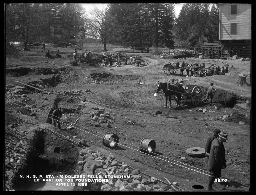 Distribution Department, Northern High Service Spot Pond Pumping Station, excavation for foundation, from the north; house on crib-work, Stoneham, Mass., Apr. 15, 1899