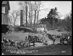 Distribution Department, Northern High Service Spot Pond Pumping Station, excavation for foundation, from the southeast; house on crib-work, Stoneham, Mass., Apr. 15, 1899