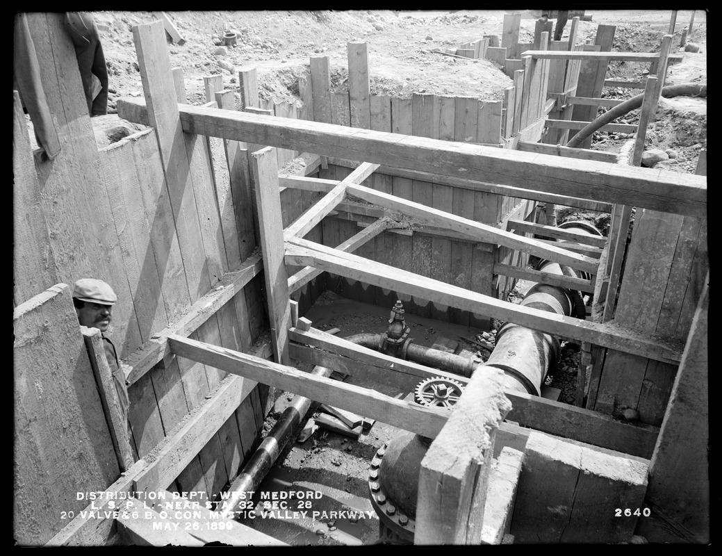 Distribution Department, Low Service Pipe Lines, Section 28, 20-inch valve and 6-inch blow-off connection, near station 32, Mystic Valley Parkway, West Medford, Medford, Mass., May 26, 1899