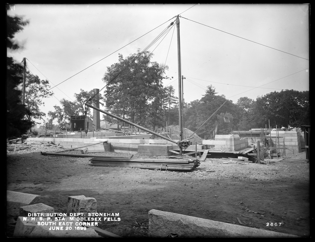 Distribution Department, Northern High Service Spot Pond Pumping Station, southeast corner, from the south, Stoneham, Mass., Jun. 20, 1899