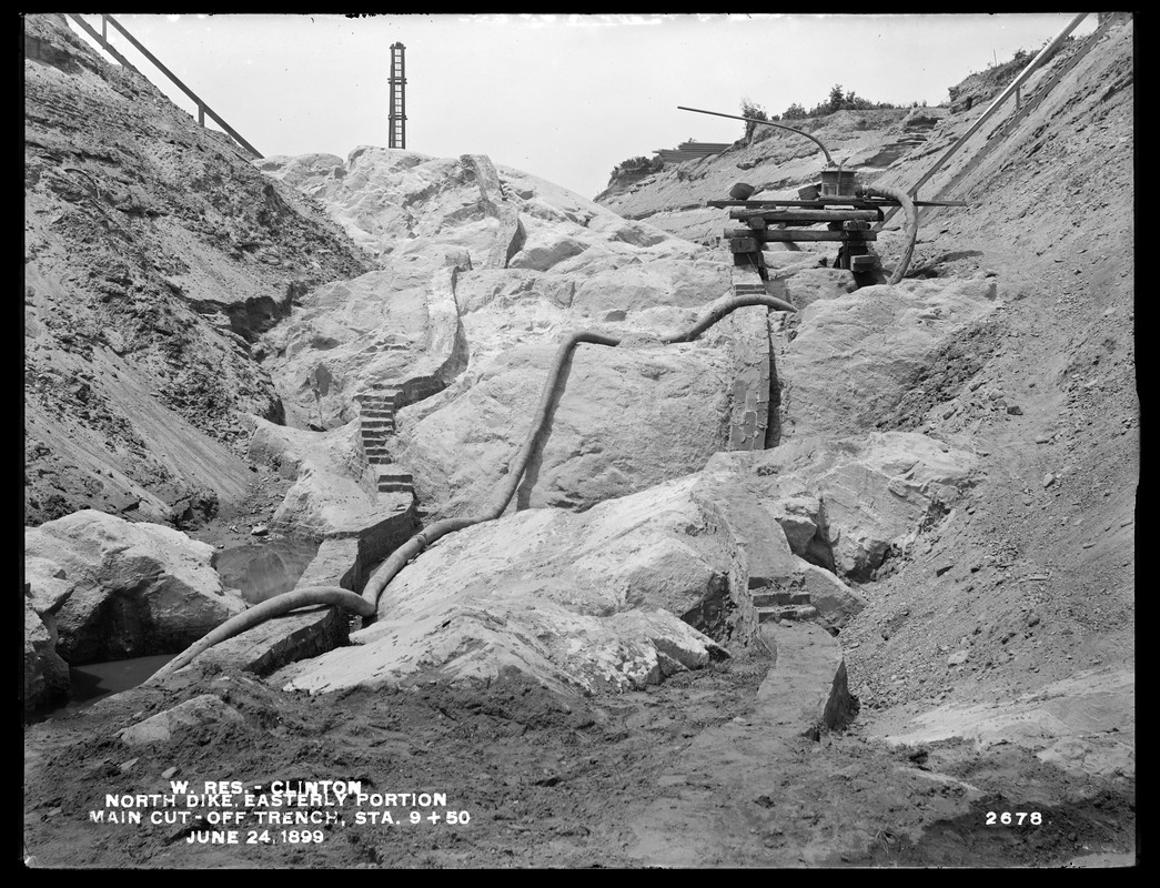 Wachusett Reservoir, North Dike, easterly portion, cut-off walls in main cut-off trench, station 9+50; from the east, Clinton, Mass., Jun. 24, 1899