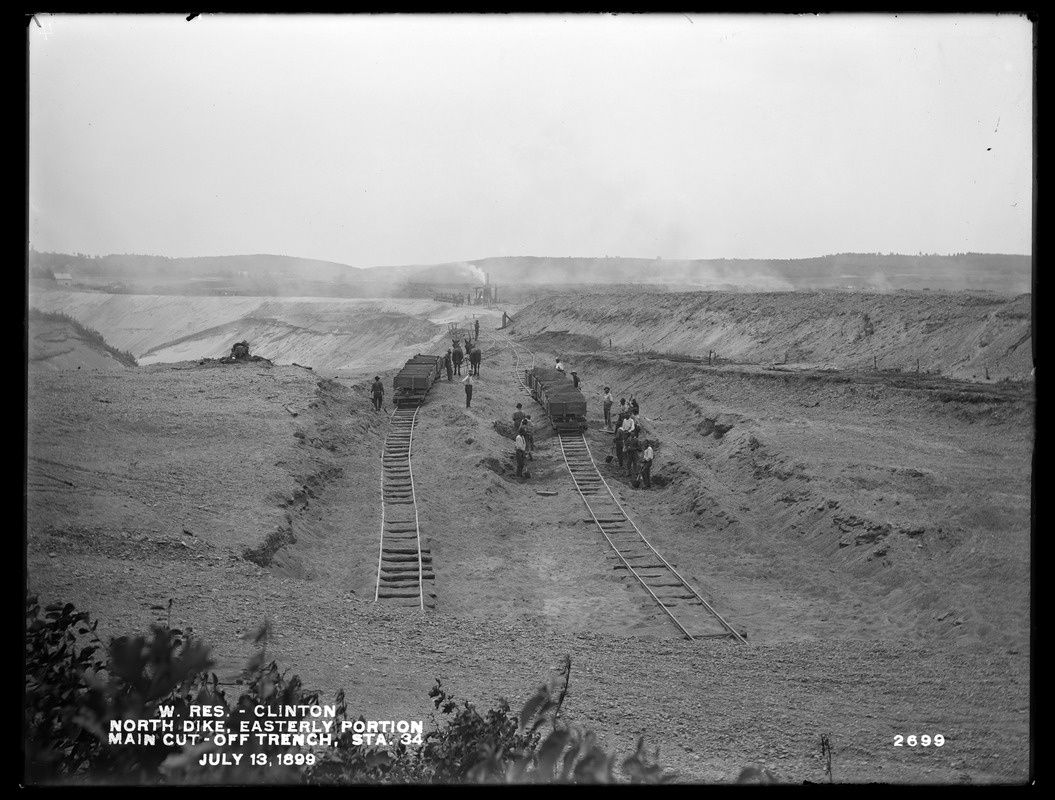 Wachusett Reservoir, North Dike, easterly portion, main cut-off trench, station 34, hauling out cars by hoisting engine, from the northwest, Clinton, Mass., Jul. 13, 1899