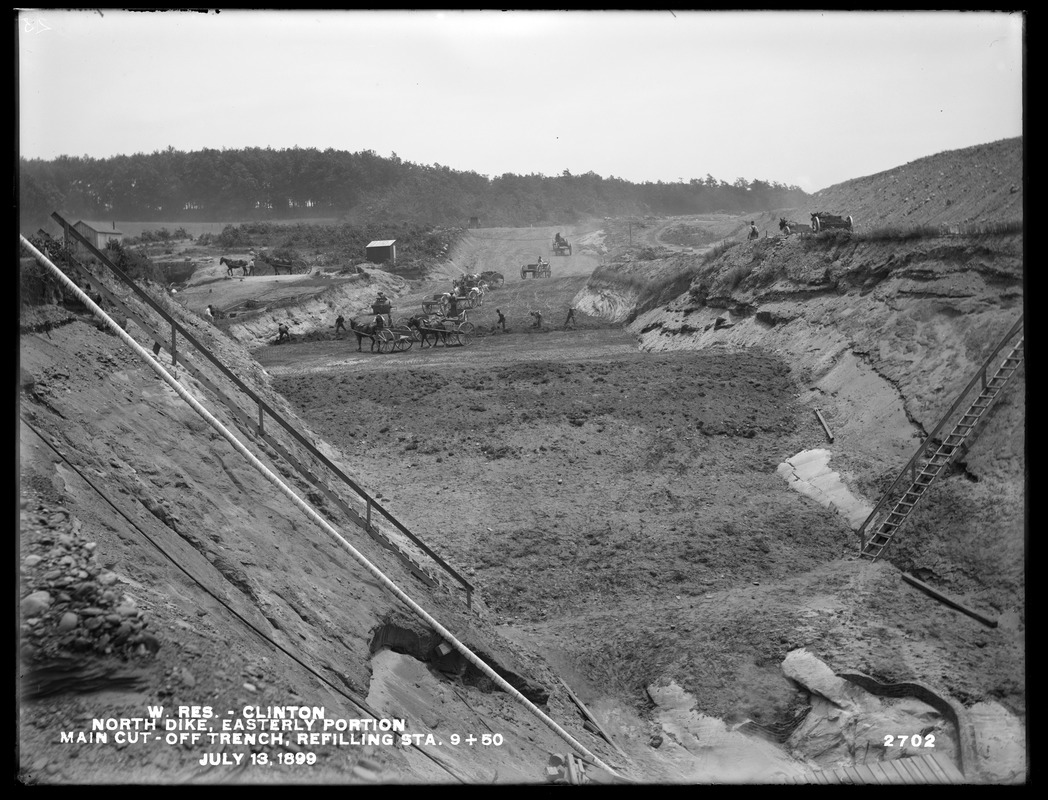 Wachusett Reservoir, North Dike, easterly portion, refilling main cut-off trench, station 9+50; from the west, Clinton, Mass., Jul. 13, 1899