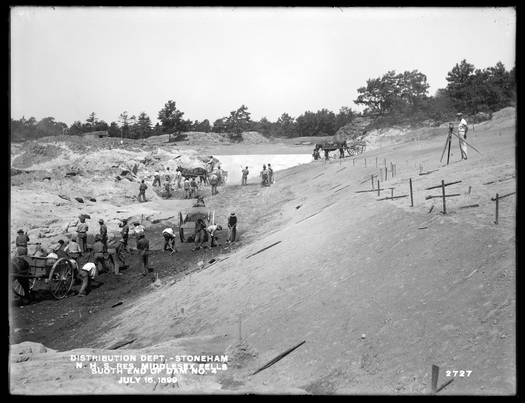 Distribution Department, Northern High Service Middlesex Fells Reservoir, south end of Dam No. 4, from the south, Stoneham, Mass., Jul. 15, 1899