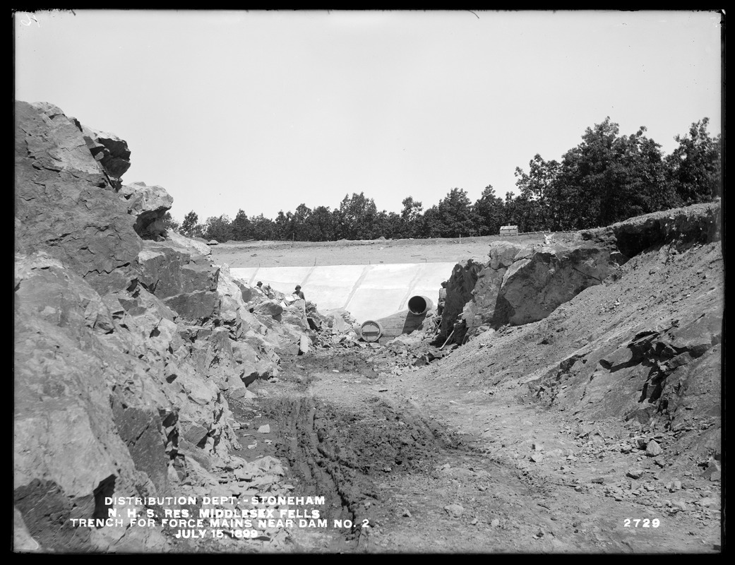 Distribution Department, Northern High Service Middlesex Fells Reservoir, trench for force mains near Dam No. 2, from the south, Stoneham, Mass., Jul. 15, 1899