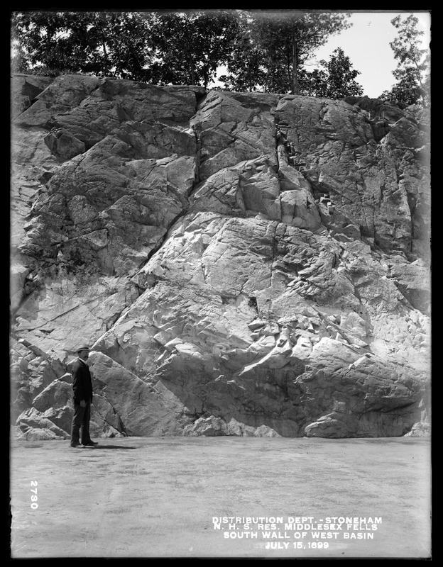 Distribution Department, Northern High Service Middlesex Fells Reservoir, south wall of west basin, from the east, Stoneham, Mass., Jul. 15, 1899