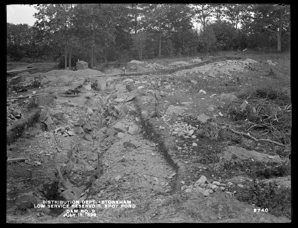 Distribution Department, Low Service Spot Pond Reservoir, dam no. 9, near South Street, from the south, Stoneham, Mass., Jul. 15, 1899