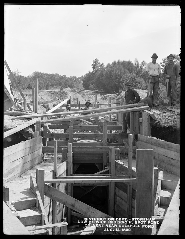 Distribution Department, Low Service Spot Pond Reservoir, culvert on open channel near Doleful Pond, from the northwest, Stoneham, Mass., Aug. 14, 1899