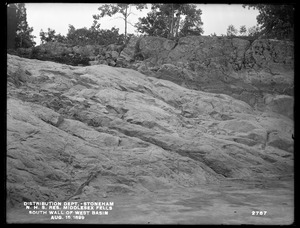 Distribution Department, Northern High Service Middlesex Fells Reservoir, south wall of west basin, from the north (this view is a little west of the preceding view), Stoneham, Mass., Aug. 15, 1899