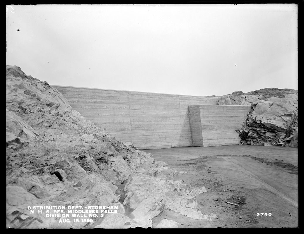 Distribution Department, Northern High Service Middlesex Fells Reservoir, division wall No. 2, from the south, Stoneham, Mass., Aug. 15, 1899