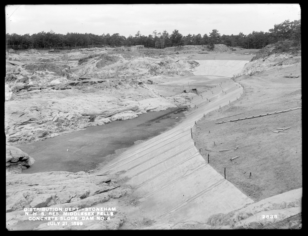Distribution Department, Northern High Service Middlesex Fells Reservoir, concrete slope of Dam No. 4, from the southeast, Stoneham, Mass., Jul. 21, 1899