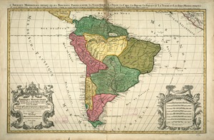 Amerique meridionale divisée en ses principales parties ou sont distingués les vns des autres les estats suivant qu'ils appartiennent présentement aux François, Castillans, Portugais, Hollandois, &c