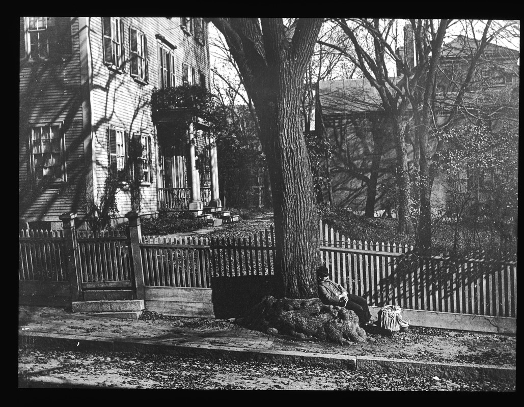 Front of Kettell house on Chestnut Street with tramp resting under tree