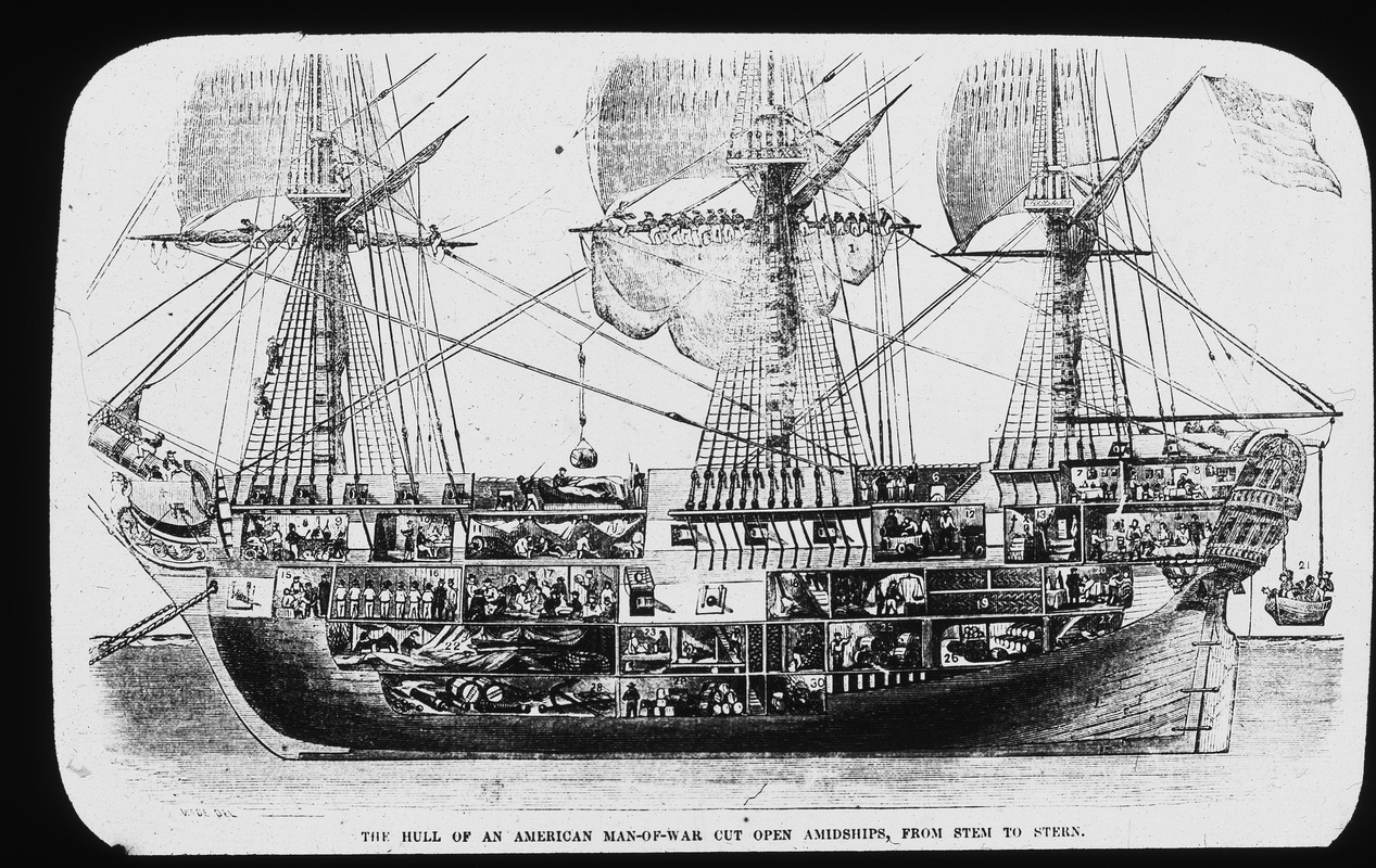 Hull of an American man-of-war cut open amidships from stem to stern