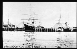 Charlestown Navy Yard with two square rigged ships and one steamship