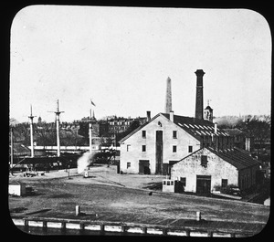 View in Navy Yard, showing Bunker Hill Monument and the training ship, the U.S.S. Wabash