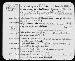 Part of page 201 in parish register of First Church in Charlestown