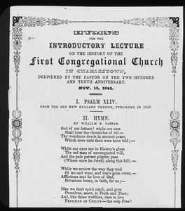 Hymn sheet for lecture at 210th anniversary of First Congregational Church, November 13, 1842