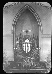 Interior of Winthrop Church decorated for Christmas, about 1900