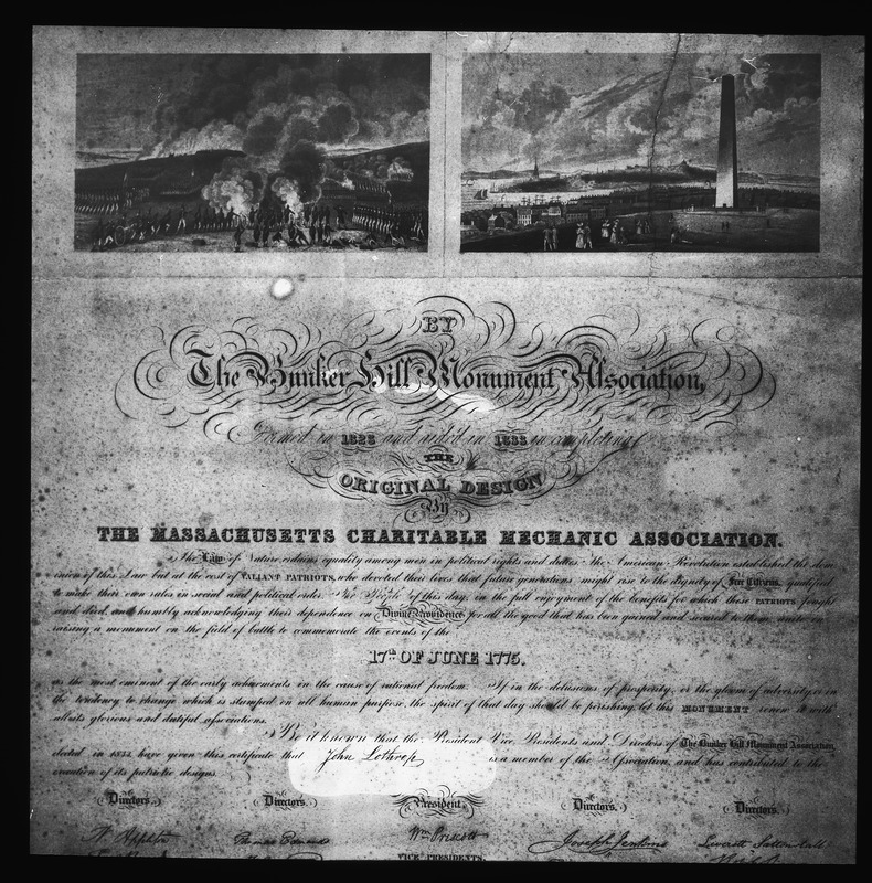 Certificate of Bunker Hill Monument Association in 1833 Digital