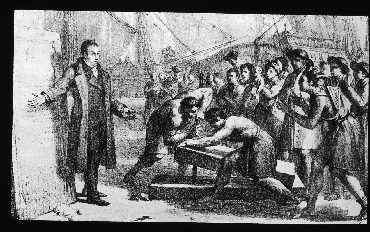 French lithograph of Lafayette at laying of corner stone.