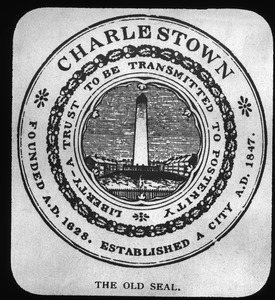 City seal of 1847 showing Bunker Hill Monument on an imagined square