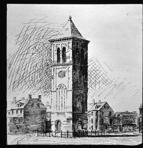 Architect's drawing of projected bell tower to be saved from demolition of First Church on Town Hill