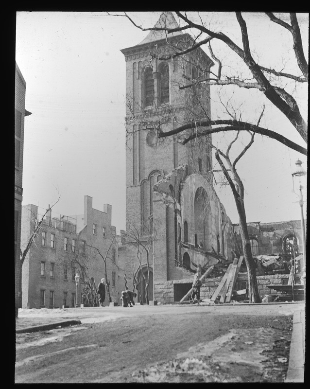 Tower of First Church on Town Hill during demolition of the edifice in
